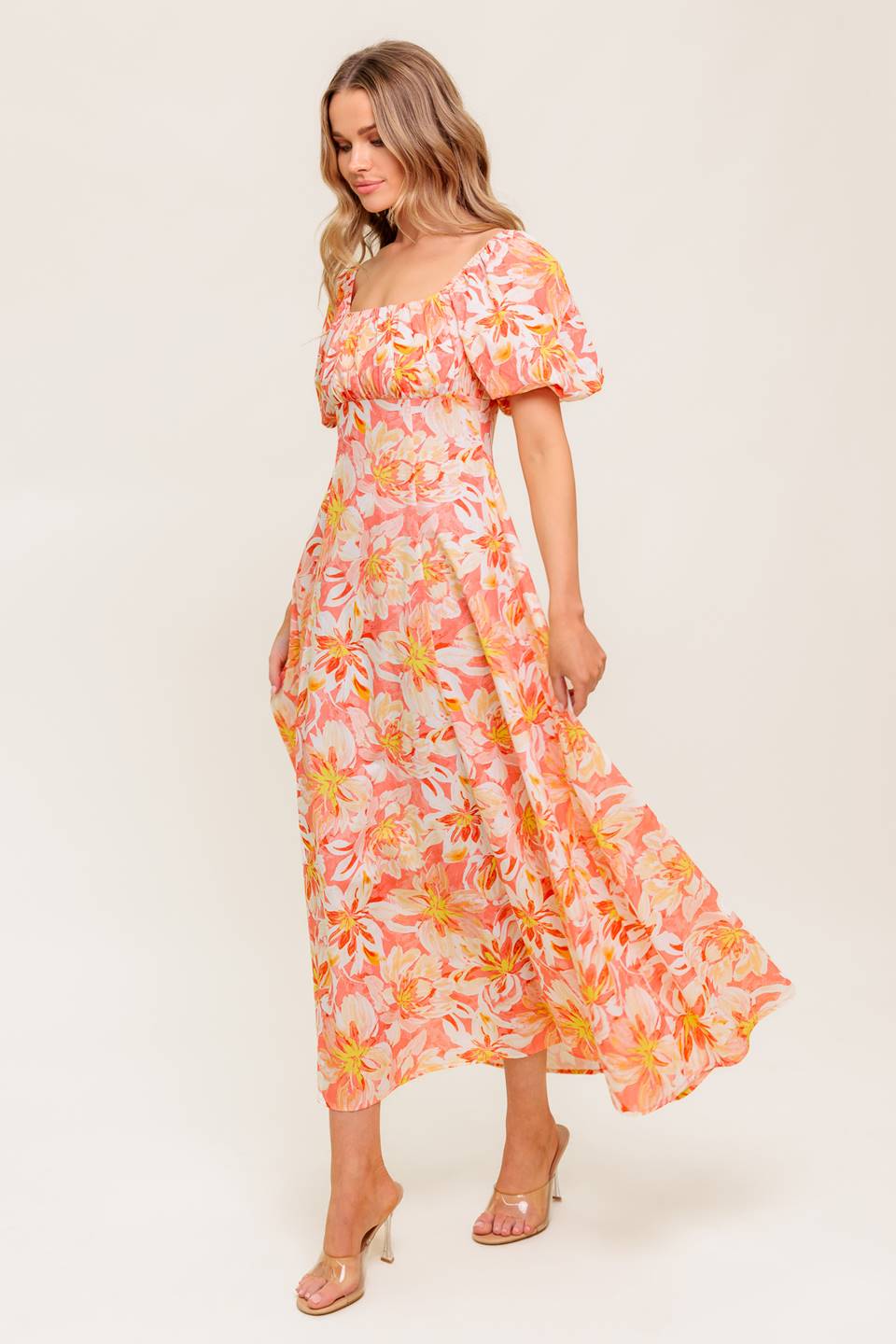 OCEAN FLORALS CORAL WOVEN MIDI DRESS Flying Tomato